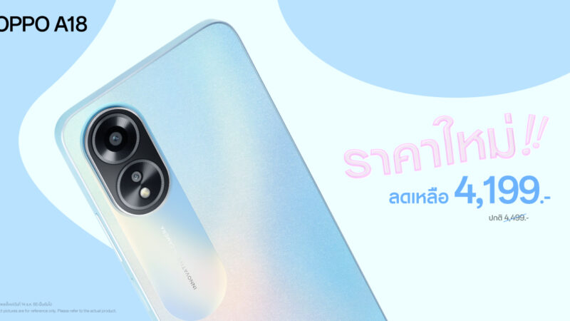 OPPO A18 สมาร์ตโฟนน้องเล็กคุ้มค่าทุกการใช้งาน ให้คุณเป็นเจ้าของได้ง่ายขึ้นในราคาใหม่ เพียง 4,199 บาทเท่านั้น!