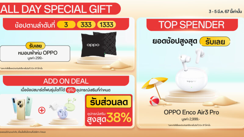 OPPO จัดโปรเด็ด “OPPO 3.3 มีนา มีโปรปัง” เริ่ม 3-5 มีนาคม 2567 นี้ ที่ OPPO Official Store บน Shopee และ Lazada เท่านั้น