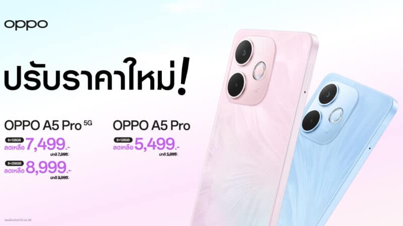 สายทนทานห้ามพลาด OPPO A5 Pro 5G และ OPPO A5 Pro สมาร์ตโฟนเอาใจสายทนทานมาในราคาใหม่สุดคุ้มค่า เริ่มต้นเพียง 5,499 บาท เท่านั้น!